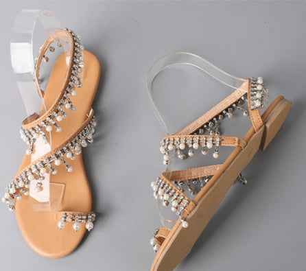 Women's Handmade Pearl Beaded Flat Beach Sandals silvery