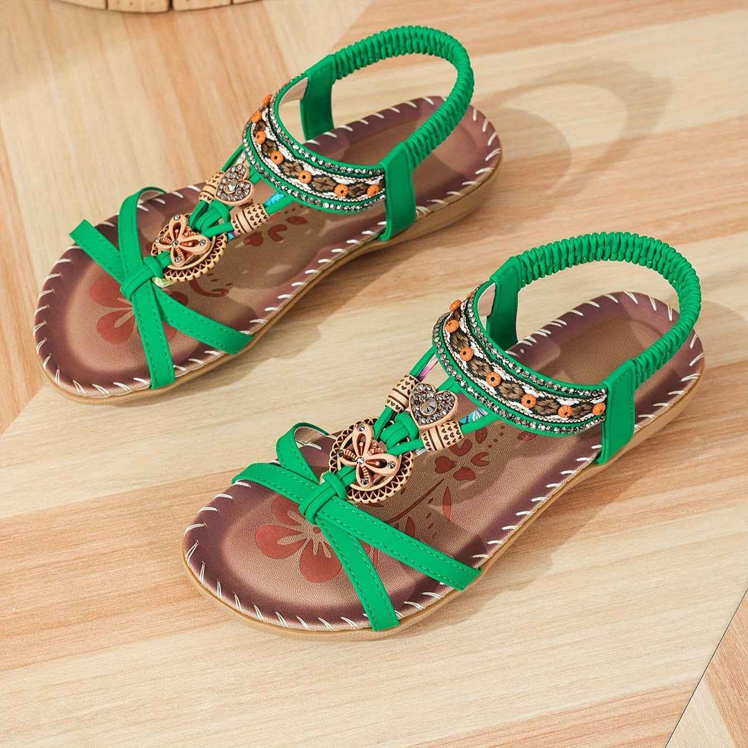 Women's Large Size Flat Bottom Flower Rhinestone Sandals Green Brown