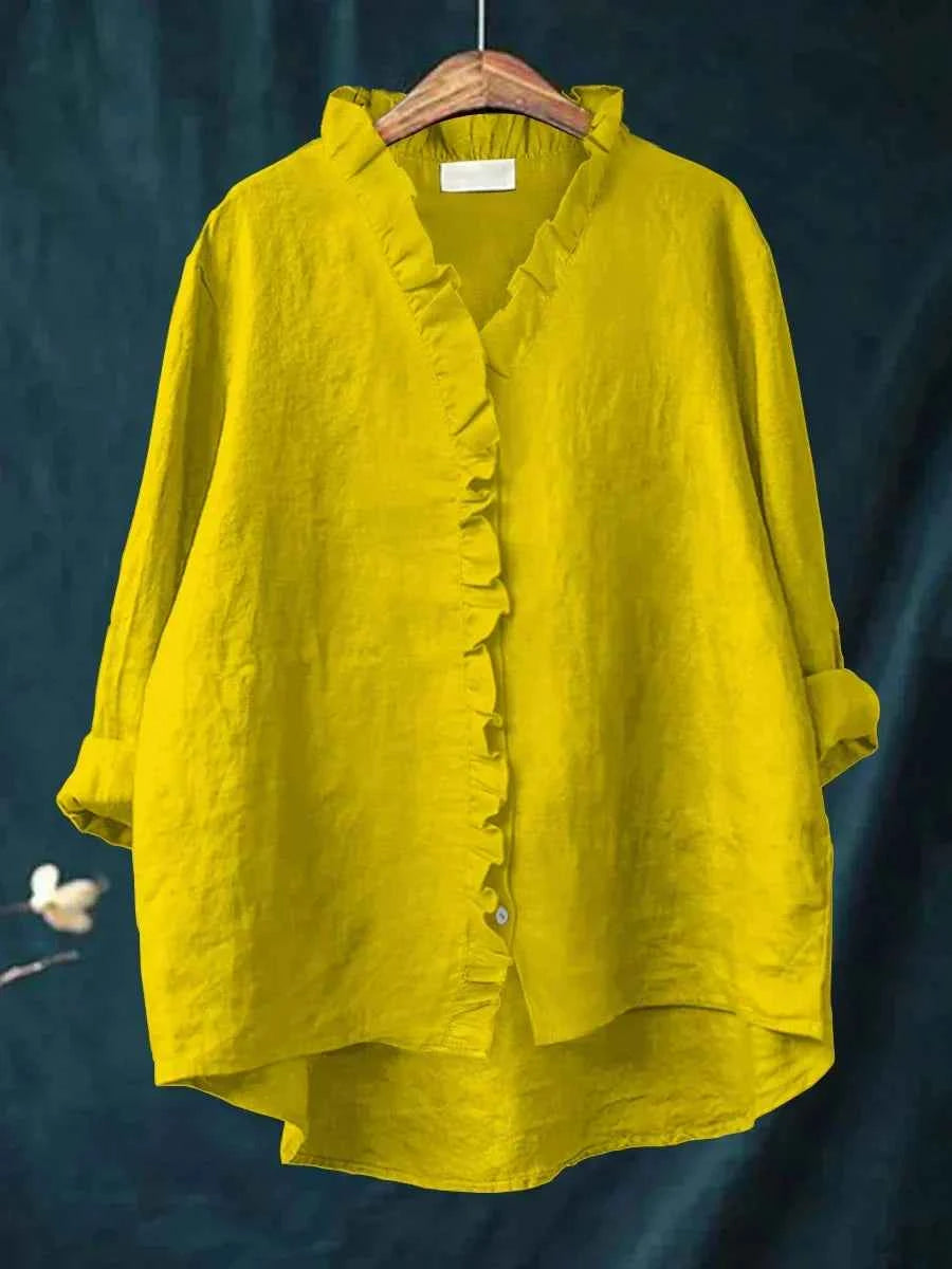 Women's Casual Ruffle V-Neck Blouse Yellow