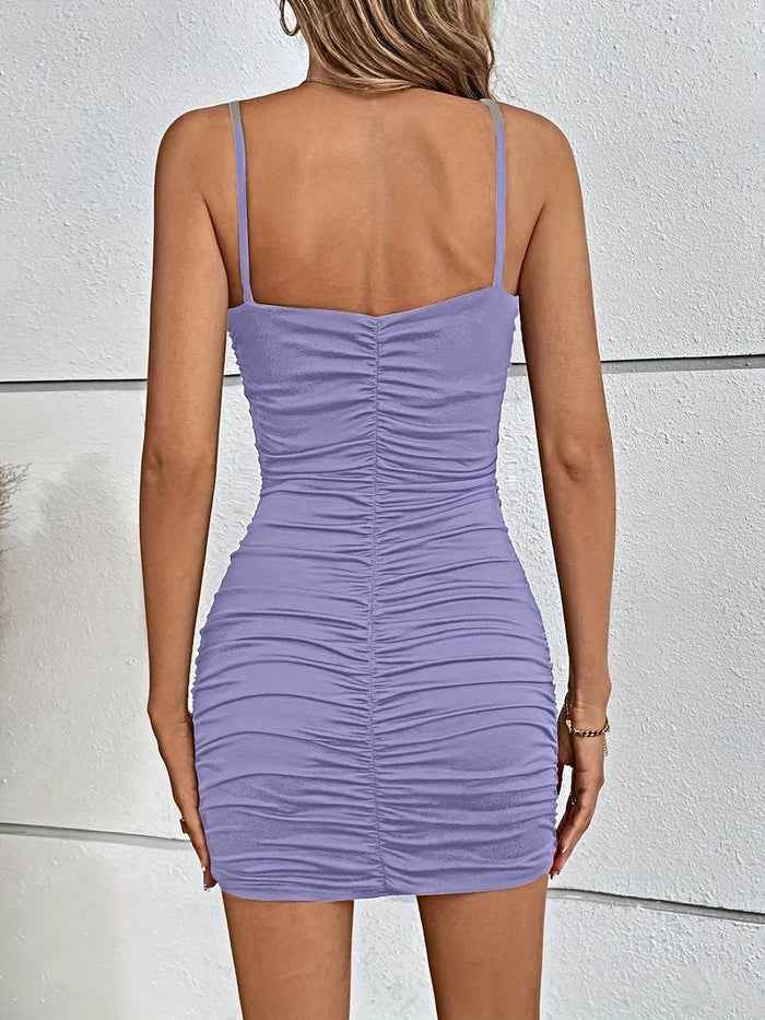 Women's Mini Bodycon Dress – V-Neck, Spaghetti Straps, Ruffled Slim Fit
