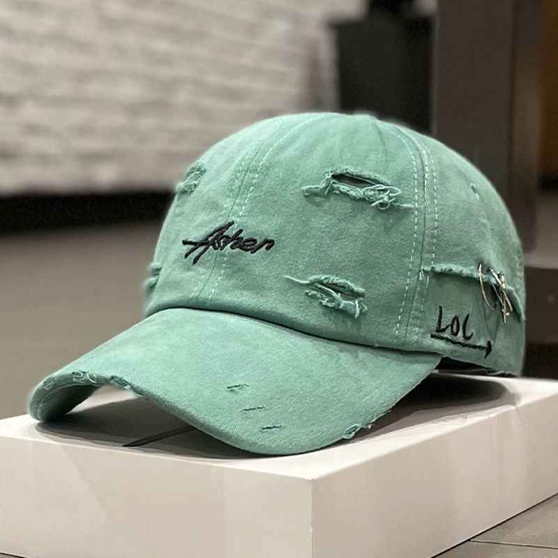 Korean Ins Retro Tattered Jeans Soft Peaked Cap Women Cyan M