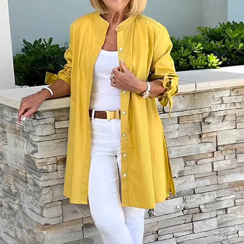 Women's Relaxed Fit Tunic Blouse – Breathable Long Sleeve with Button Closure Yellow
