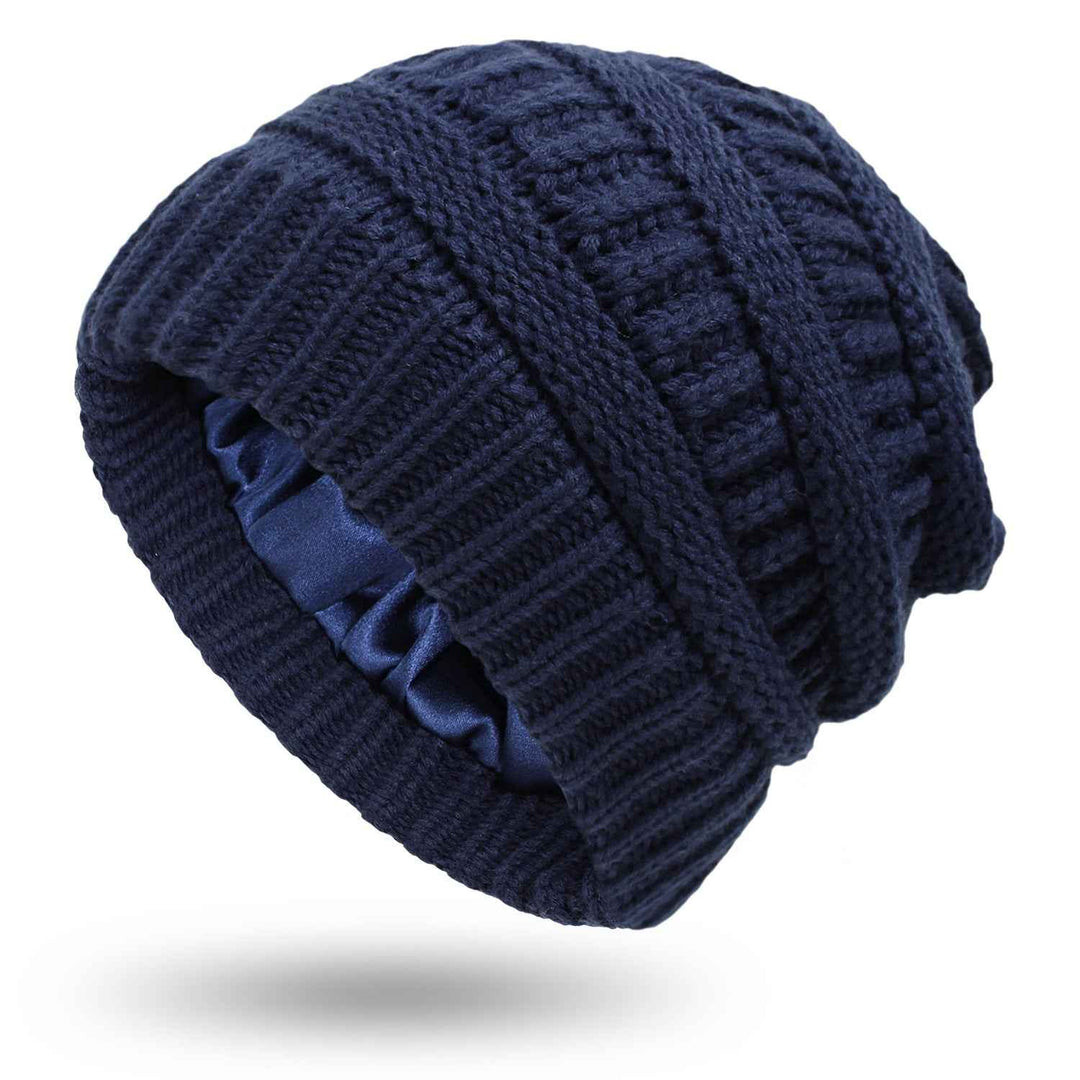 Warm Woolen Knit Satin Hats for Women's Protective Hairstyles Navy Blue One size