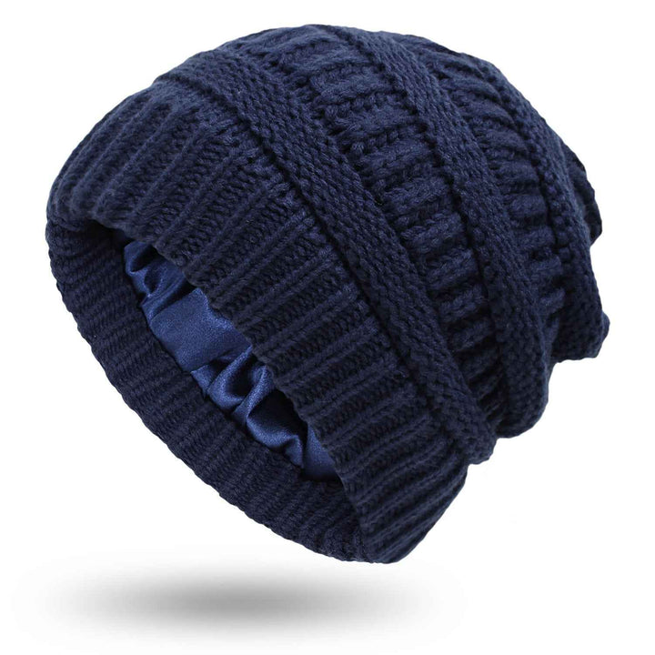 Warm Woolen Knit Satin Hats for Women's Protective Hairstyles Navy Blue One size