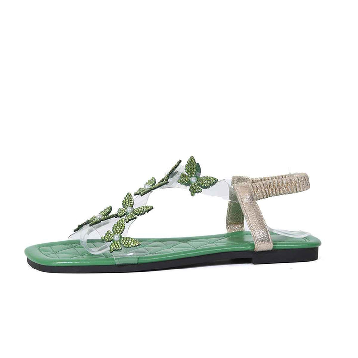 New Butterfly Rhinestone Sandals Summer Square Toe Flat Shoes For Women Green