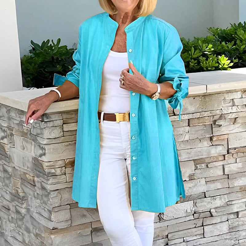 Women's Relaxed Fit Tunic Blouse – Breathable Long Sleeve with Button Closure Sky Blue