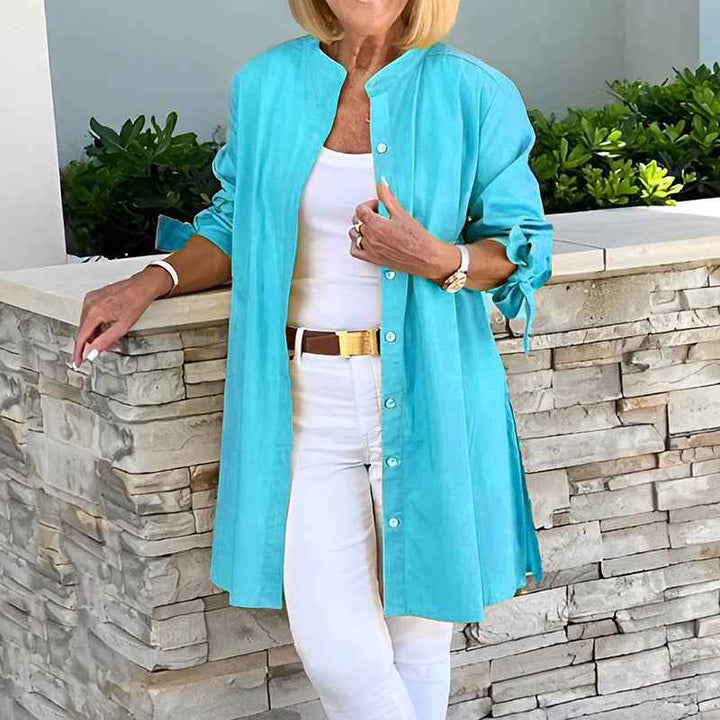 Women's Relaxed Fit Tunic Blouse – Breathable Long Sleeve with Button Closure Sky Blue