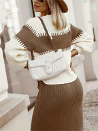 Women's Ribbed Twinset: Knitted Sweater & Pencil Skirt - Long Sleeve Comfort Fit