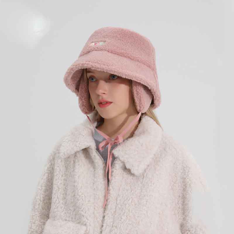 Female Lamb Hair Ear Protection Fisherman Hat Pink One size