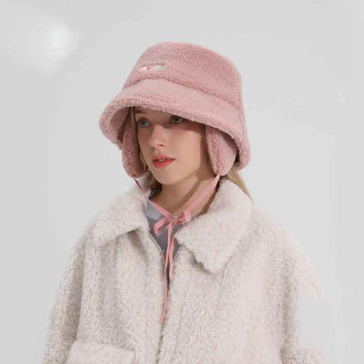 Female Lamb Hair Ear Protection Fisherman Hat Pink One size
