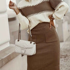 Women's Ribbed Twinset: Knitted Sweater & Pencil Skirt - Long Sleeve Comfort Fit
