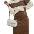 Women's Ribbed Twinset: Knitted Sweater & Pencil Skirt - Long Sleeve Comfort Fit Brown