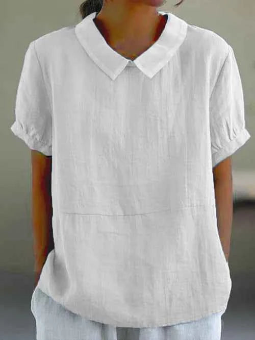 Women's Short Sleeve Collared Linen Blouse White