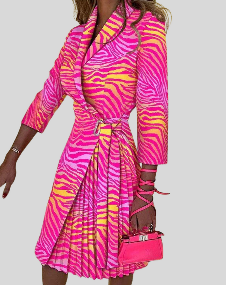 Women's Midi Dress - Pleated Skirt - Asymmetrical Design - Elegant Style Orange Pink