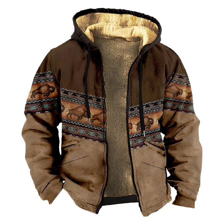 Men's Sherpa Lined Aztec Print Zip Hoodie Brown