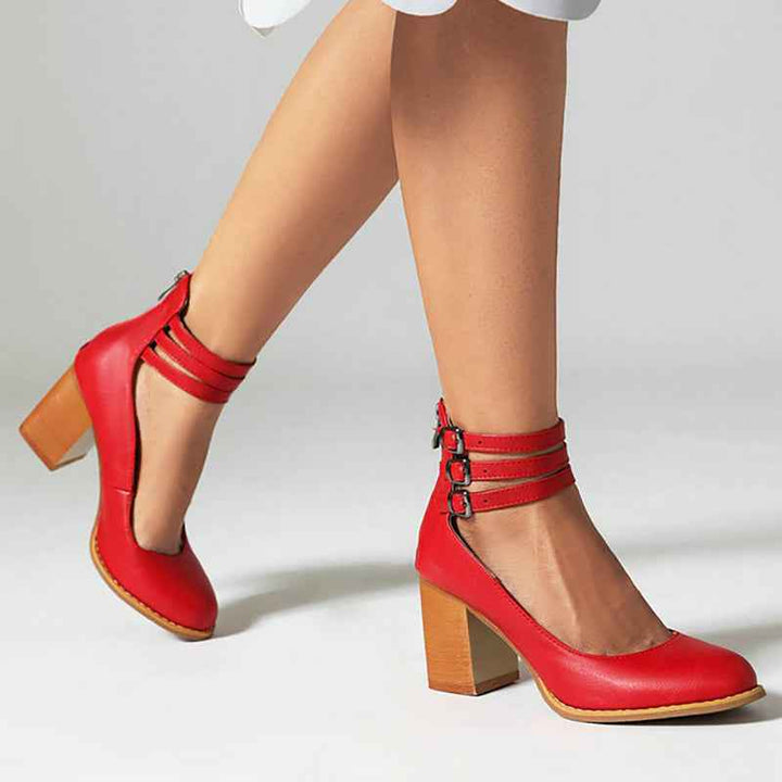 Casilda | Smooth Sandals with Ankle Strap and Thick Heel Red