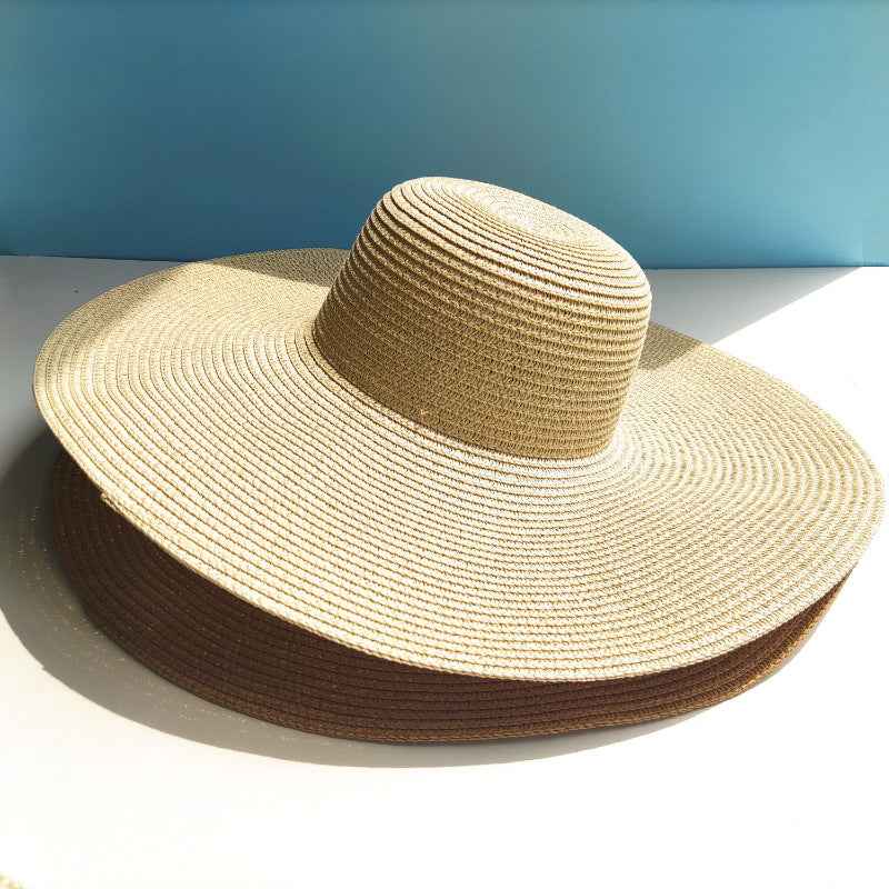 Light Board 14CM Big Brim Straw Hat Women's Sun-proof Beach Dome Beige
