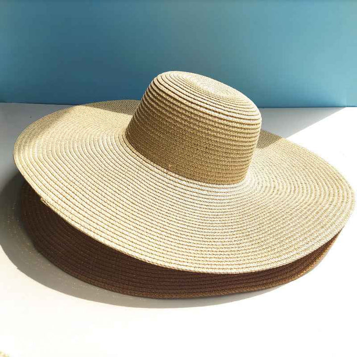 Light Board 14CM Big Brim Straw Hat Women's Sun-proof Beach Dome Beige