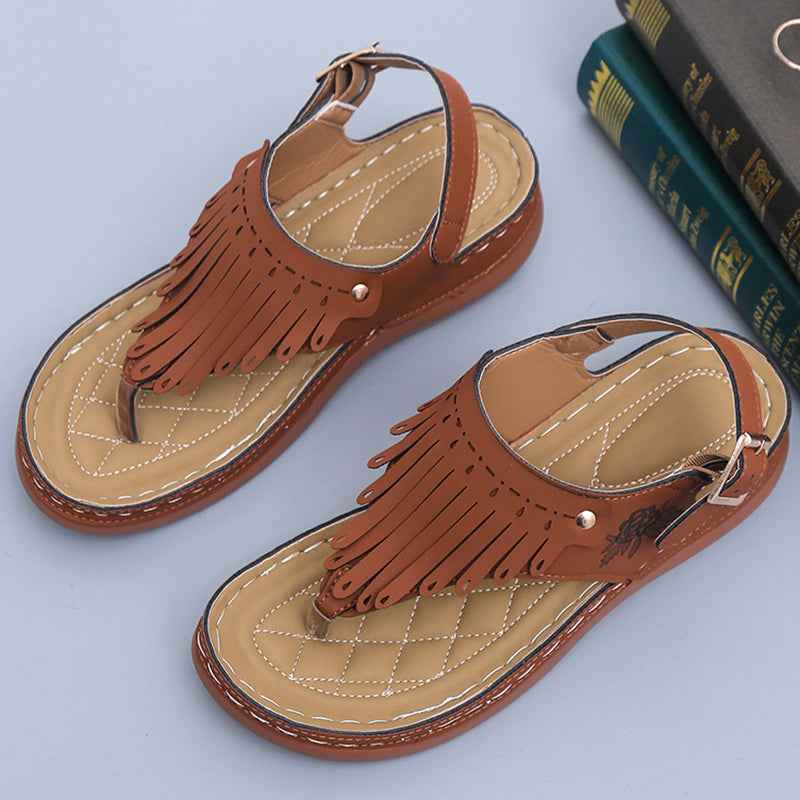 Women's Roman Cutout Thong Wedge Beach Sandals Brown