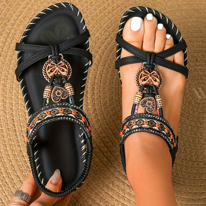 Women's Large Size Flat Bottom Flower Rhinestone Sandals Graphite Black