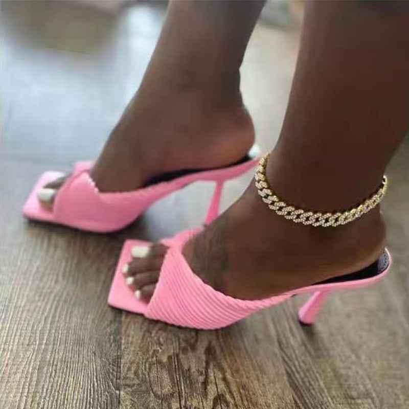 Women Summer Bow Shoes Square Toe Stiletto High Heel Sandals Pink