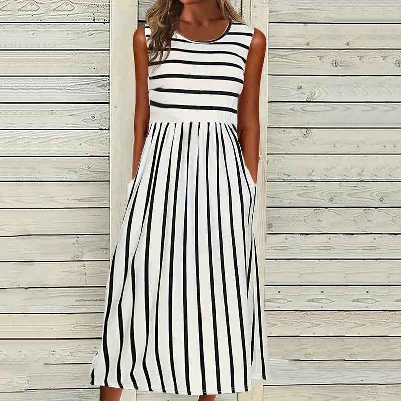 Women's Striped Midi Dress – Relaxed Fit, Breathable Fabric, with Pockets White