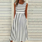 Women's Striped Midi Dress – Relaxed Fit, Breathable Fabric, with Pockets White