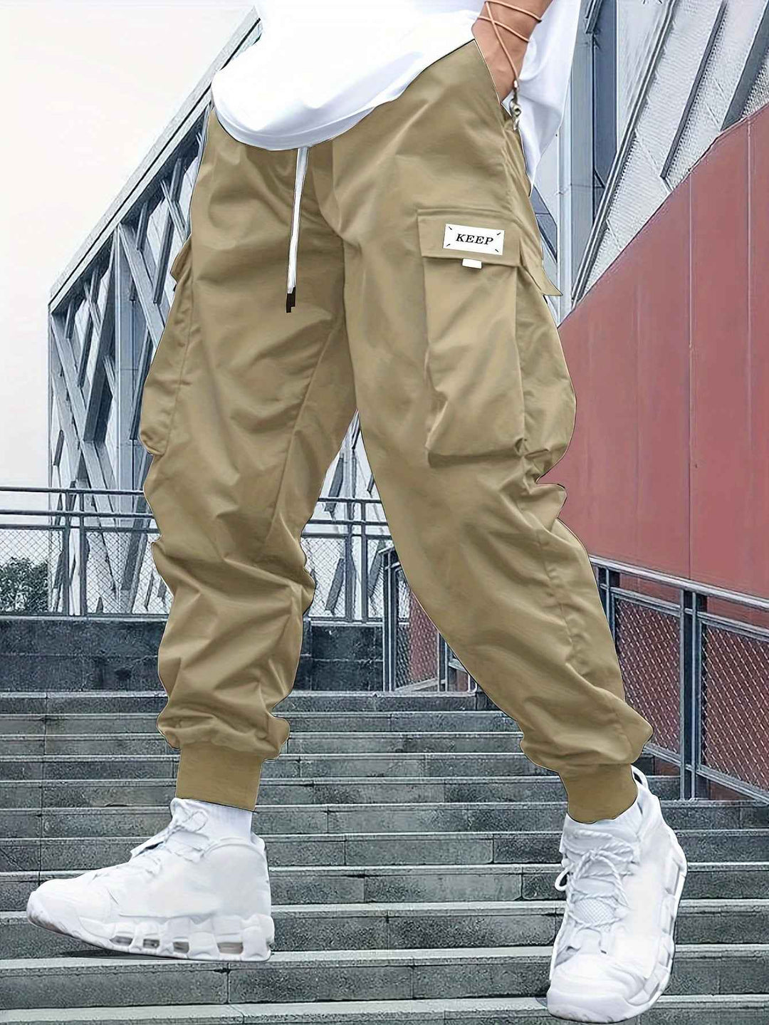 Men's Cargo Joggers – Stylish Streetwear Pants with Pockets and Cuffed Legs Khaki