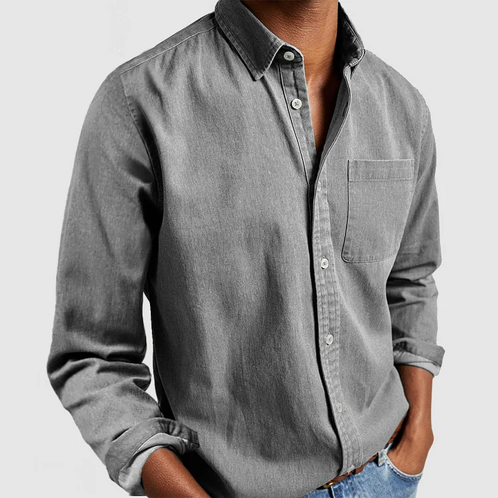 Men's Cotton Long Sleeve Shirt with Chest Pocket - Regular Fit Grey