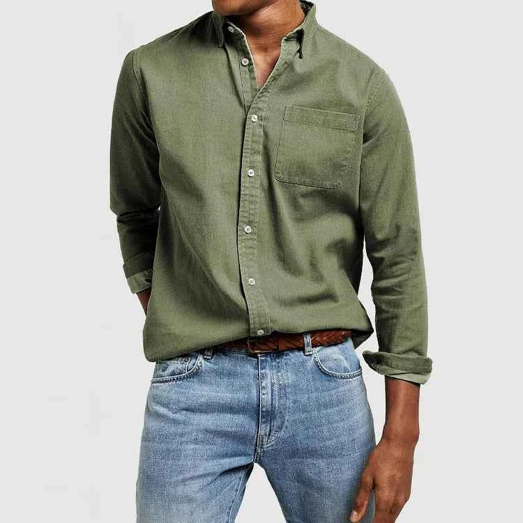 Men's Cotton Long Sleeve Shirt with Chest Pocket - Regular Fit