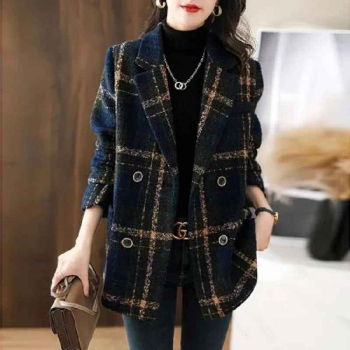 Women's Tailored Checked Blazer - Elegant Design with Pockets