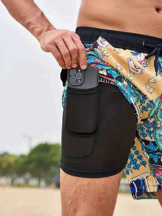 Men's Stylish Swim Shorts with Lining and Phone Pocket Golden blossom