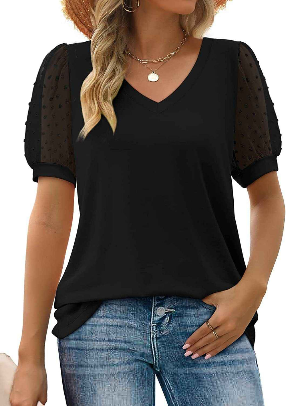 Janne | V-Neck Sleeve Belly Cover Top for Everyday Elegance Black