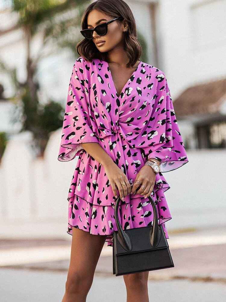Women's V-Neck Mini Dress – Wrap Style with Ruffles – Lightweight and Elegant Pink