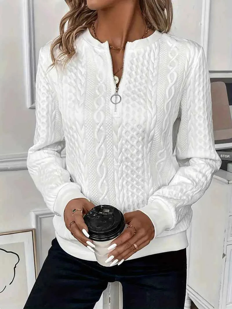 Women's Cable Knit Sweater - Round Neck, Long Sleeve, Zipper Detail