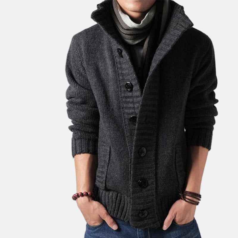 Men's Chunky Knit Cozy Cardigan – Stand Collar, Button Front, Relaxed Fit Dark Grey