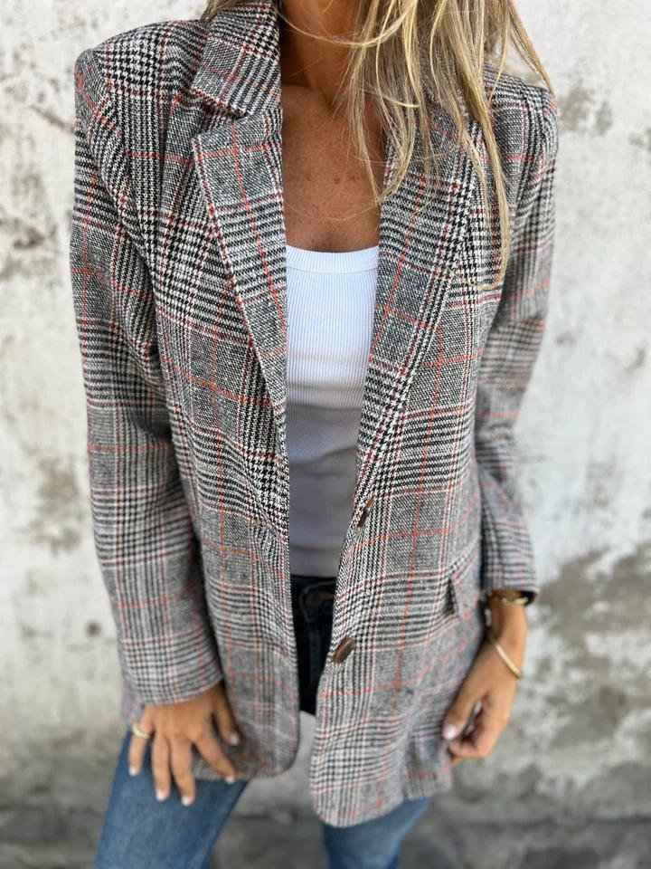 Women's Oversized Check Pattern Blazer - Wool Blend with Flap Pockets