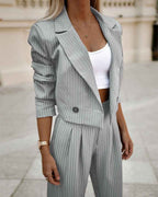 Women's Cropped Blazer Suit Set with Tailored Fit & High Waist Wide Leg Trousers – Pinstripe Design Grey