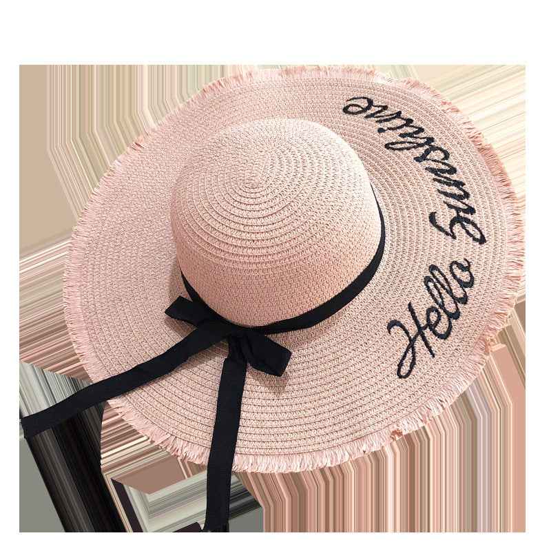 Women Lace Up Large Brim Straw Hat Beach Caps Light pink One size