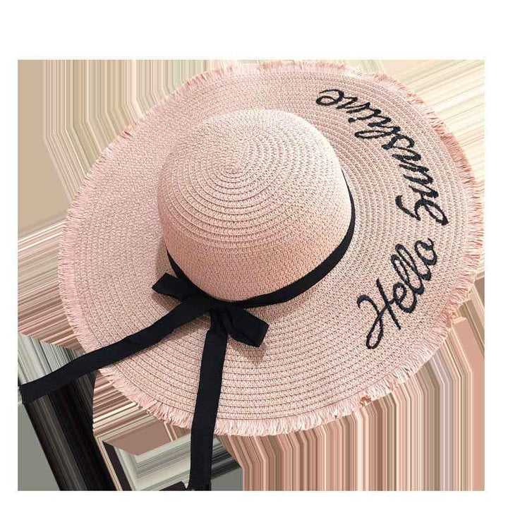 Women Lace Up Large Brim Straw Hat Beach Caps Light pink One size