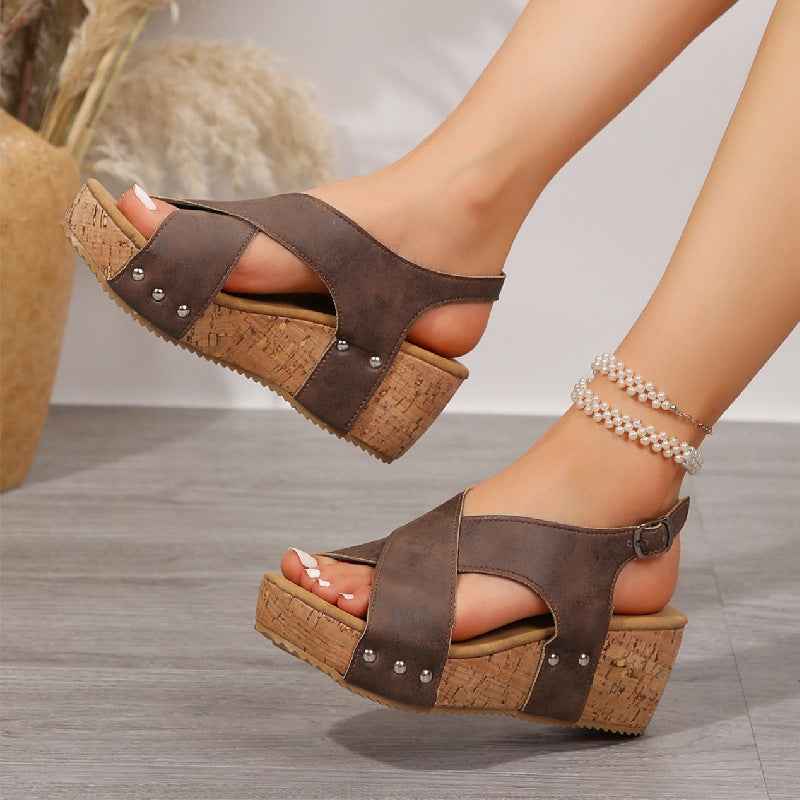 Women's Rivet Wedges Snadals Thick Bottom Fish Mouth Shoes Summer Brown