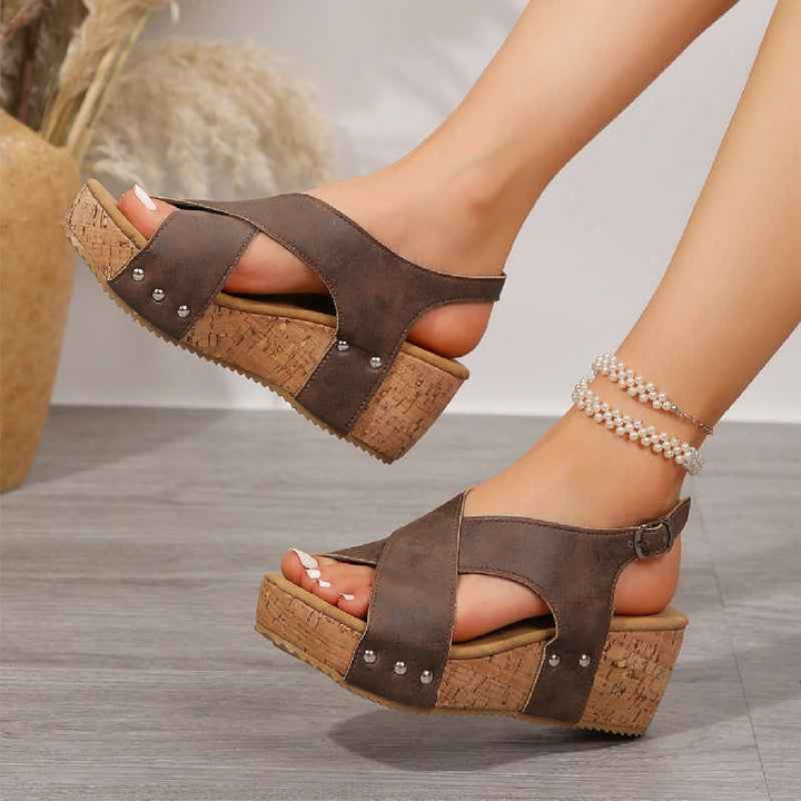 Women's Rivet Wedges Snadals Thick Bottom Fish Mouth Shoes Summer Brown