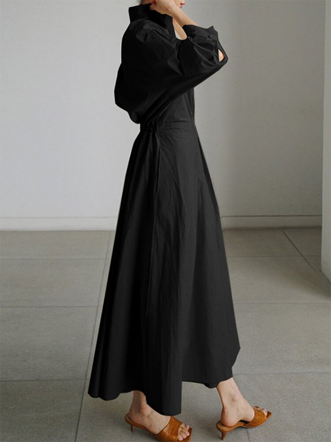 Women's A-Line Midi Dress with Long Sleeves and V-Neck – Lightweight and Fitted