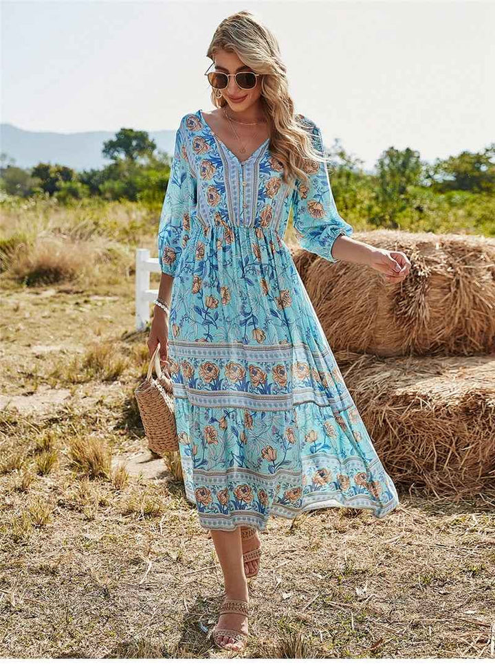 Women's Bohemian Floral Maxi Dress – V-Neck, Three-Quarter Sleeve, Fitted
