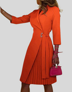 Women's Midi Dress - Pleated Skirt - Asymmetrical Design - Elegant Style Orange