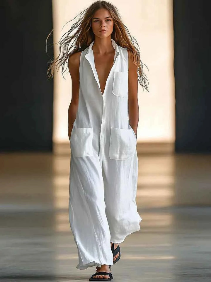 Women's Relaxed Cotton Wide Leg Sleeveless Jumpsuit with Pockets