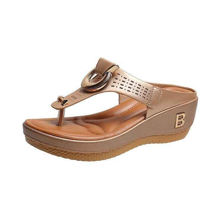 Women's High Heel Wedge Thong Sandals with Metal Accents Champagne