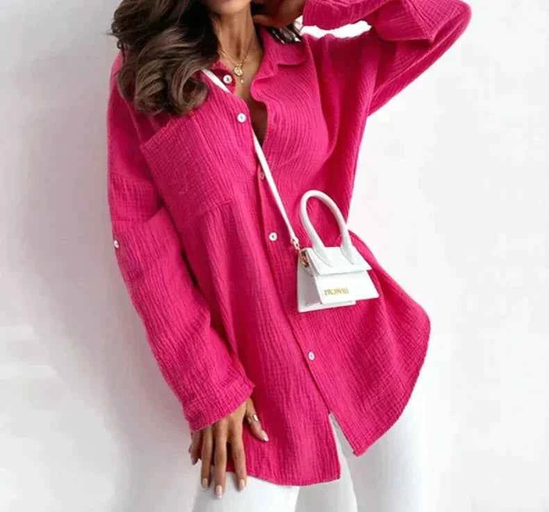 Women's Casual Blouse - Relaxed Fit - Long Sleeves - Natural Fibers - Button Closure Pink
