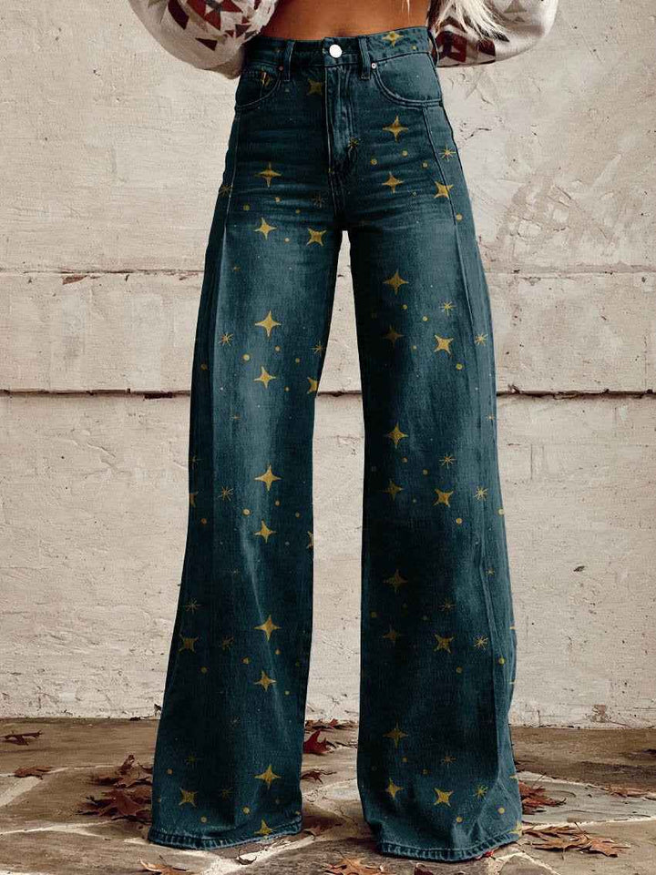 Women's High Waist Wide-Leg Star Print Pants – Casual Fit – 3D Printed Design