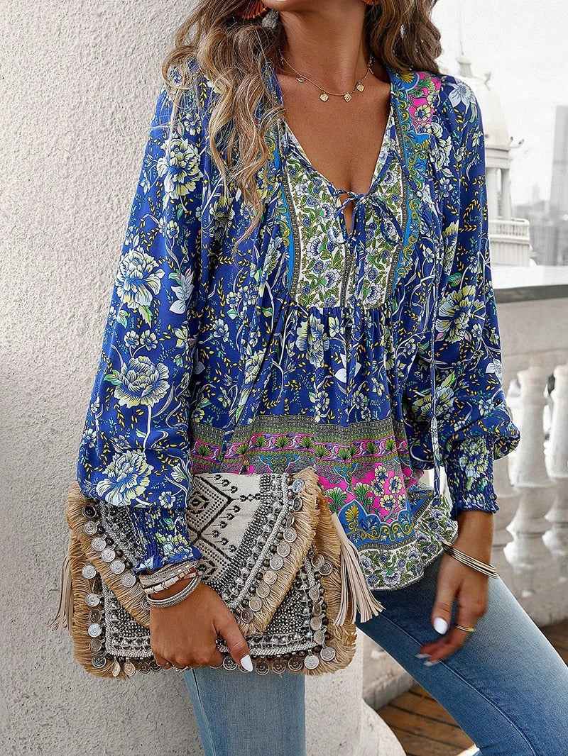 Women's Floral Print V-Neck Blouse with Puff Sleeves Blue